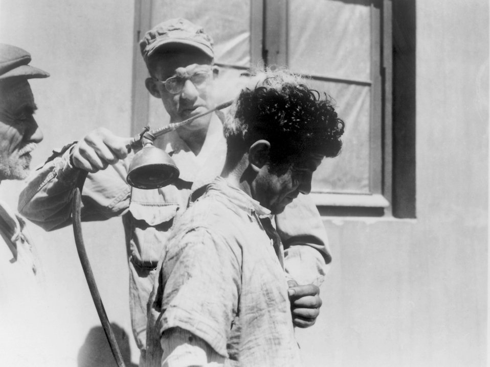 صورة: جندي أمريكي يستعمل DDT مبيد حشري يدوي متعدد الاستخدامات، لمنع انتشار قملة الرأس.